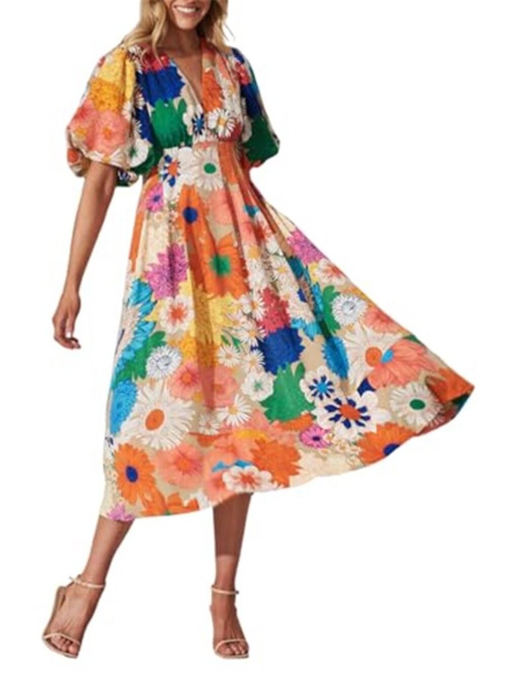 Colorful Floral Midi Dress Puff Sleeve V Neck Wedding Guest Dress
